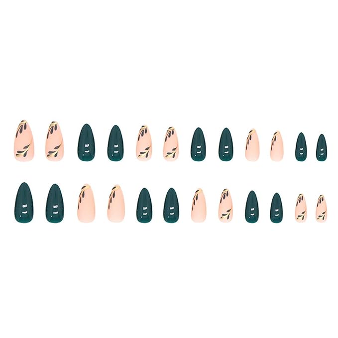 Green Press on Nails - Medium Almond Fake Nails - with Designs Leaf False Nails Press ons - Glue on Nails St Patricks Day Nails Acrylic Stick on Nail for Women 24 Pcs