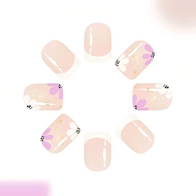 24 Pcs Press on Nails White French Fake Nails Short Square False Nails with Flowers Designs Press Ons Glue on Nails Nude with Gold Glitter Glossy Nail Tips Full Cover Acrylic Stick on Nail for Women