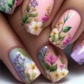Square Press on Nails Purple Flower Nails Press ons Medium Floral Leaf False Nails Spring Glue on Nail Glossy Full Cover Stick on Nail Reusable Acrylic Fake Nails for Women Girls 24Pcs