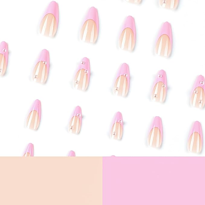 24 Pcs Press on Nails Medium Almond Nude Acrylic Fake Nails French Nails with Pink Nails Tip and Pearl Designs False Nails Spring Summer Stick on Nails for Women
