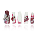 2025 Burgundy Medium Press on Nail Hand-painted Irregular Frosted Design w/Rhinestones Flower Butterfly Handmade Reusable PMMA Acrylic Matte Full Coverage Nail (Hand-painted Pattern, Medium)