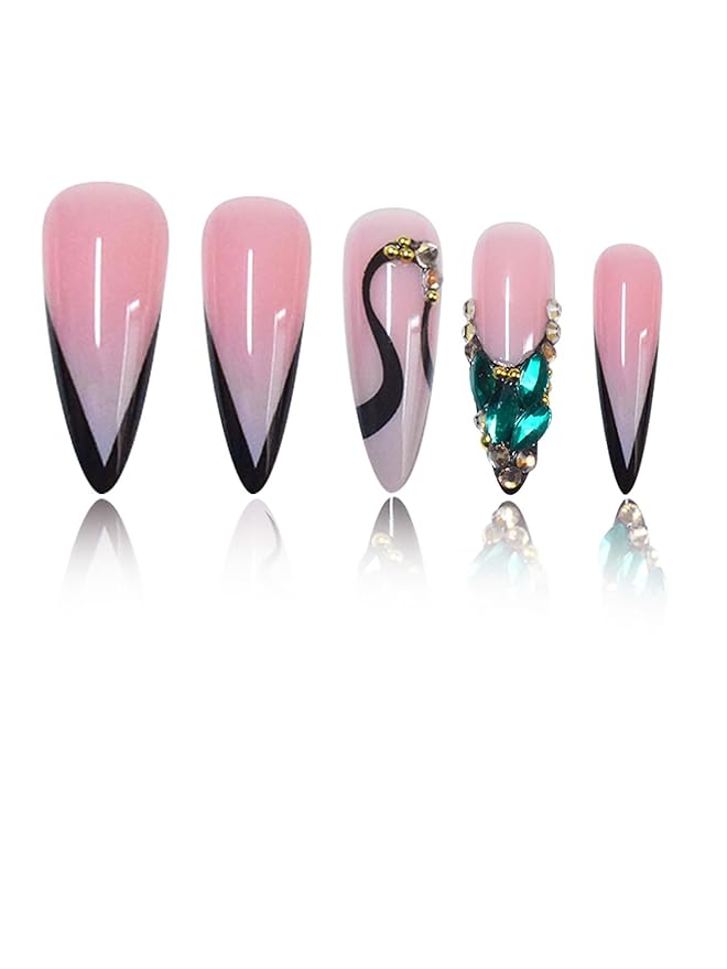 Long Press on Nails Stiletto Fake Nails French False Nails Pink Artificial Nails with Green Rhinestones Designs Sparkly Acrylic Nails Press ons Cute Stick on Nails for Women 24pcs
