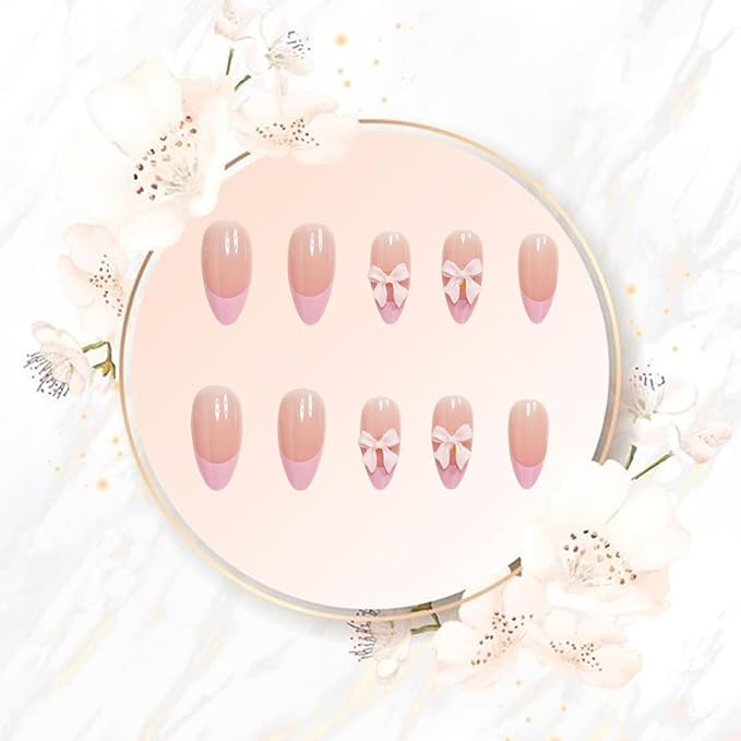 24pcs French Tip Press on Nails Short Almond Fake Nails with Charm Designs Cute Bow False Nails Full Cover Glue on Nails Pink French Tip Artificial Nails for Women Girl Nail Decoration