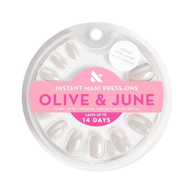 Olive & June Instant Mani Press-On Nails (Glue) | 42 Fake Nails, 21 Sizes | Non-Toxic Long-Lasting Recycled Materials Realistic Look | Salon-Quality at Home | Extra Short, Round | White Chrome