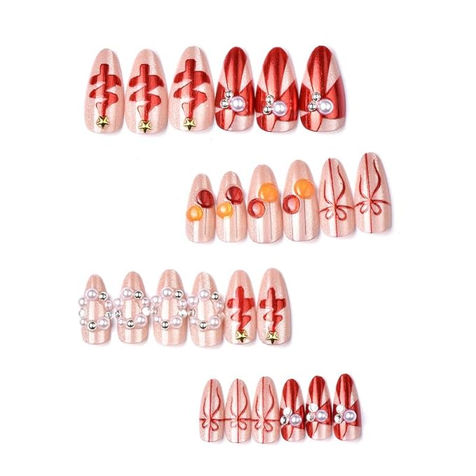 Christmas Press on Nails Medium Almond Fake Nails Red Christmas Tree False Nails Xmas Winter Cat Eye Glue on Nails with Pearl Reusable Acrylic Nail for Women Manicure 24Pcs