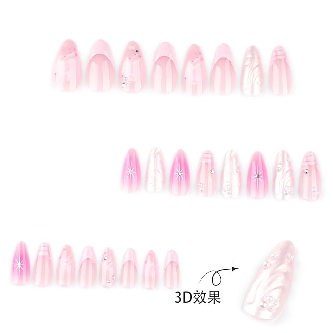 Medium Press on Nails Almond Fake Nails French False Nails Ombre Artificial Nails with Pearl Designs Acrylic Nails Press ons Pink Stick on Nails for Women 24pcs