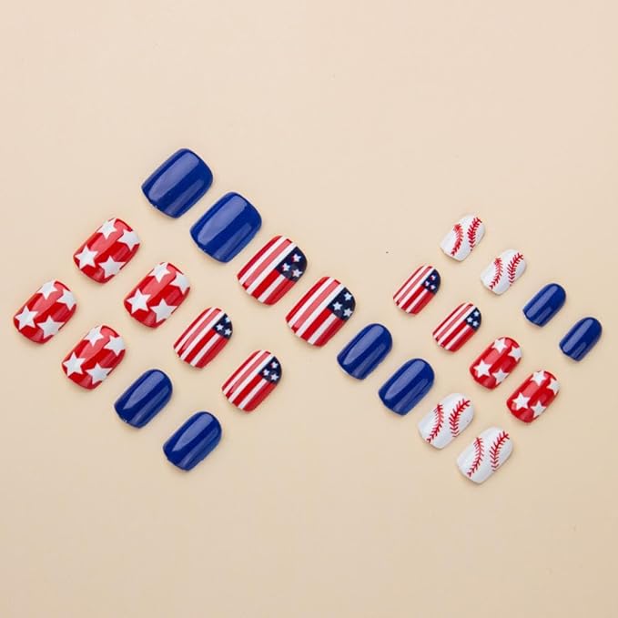 Independence Day Press on Nails Short Square Fake Nails with Star Designs Red Blue American Flag False Nails Baseball Stick on Nail Full Cover 4th of July Acrylic Nail for Women Girls Manicure 24Pcs