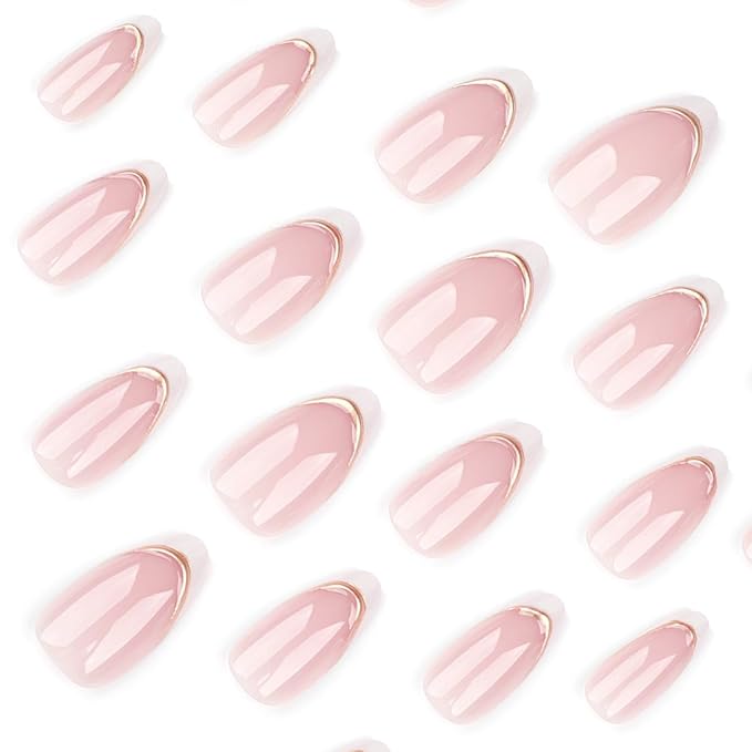 24 Pcs French Tip Press on Nails Short Almond Fake Nails with Designs Gold Stripes False Nails White French Tip Acrylic Nails Stick on Nails Full Cover Acrylic Nails for Women Girl