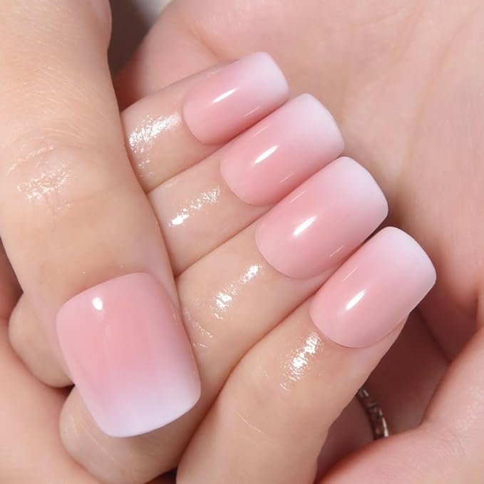 Pink Brown and White Ombre Press on Nails, Short Square Acrylic Fake Nails Design, Natural Reusable Nails Kit for Women DIY False Nail Art Decoration Gift, Salon Quality Reusable
