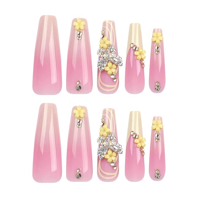 Spring Long Coffin Press on Nails with 3D Butterfly & Flower Design - Pink Ombre Fake Nail Yellow French Tip False Nails Full Cover Glossy Stick on Nails for Women 24PCS