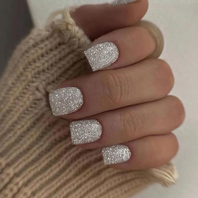 Silver Shiny Glitter Press on Nails Short Square Fake Nails Blasting Designs False Nails Shiny Full Cover Glossy Reusable acrylic Stick on Nails for Women Girls Light Luxury Manicure Decoration 24Pcs