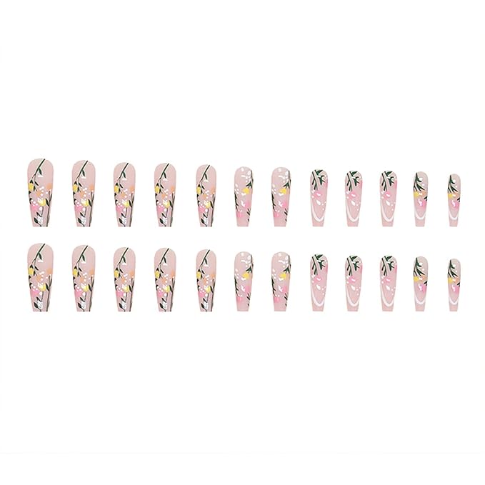 Press on Nails Long Coffin MABKJLF Spring French Fake Nails Full Cover False Nails with Flower and Leaves Designs Glossy False Nails with Nail Glue Artificial Acrylic Nails for Women Girls 24 Pcs