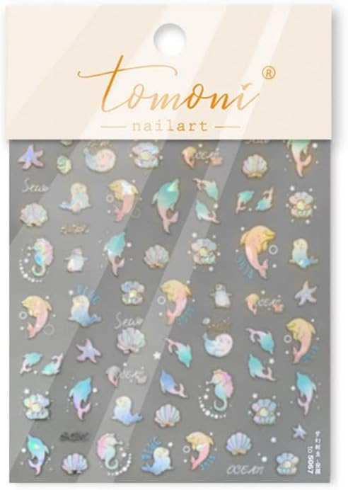 Ocean Nail Stickers Laser Marine Animal Dolphin Nail Designs 5D Embossed Sea Horse Shell Nail Decals 3D Self-Adhesive Aurora Summer Nail Art Decoration for Women DIY Manicure 1 Sheet