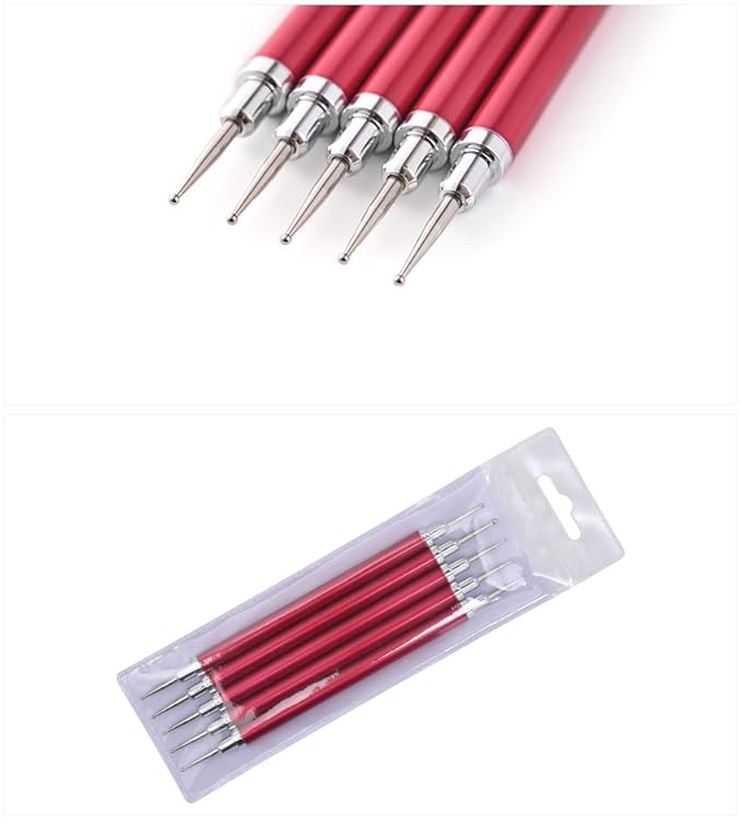 5Pcs Nail Art Dotting Tool Set Double-Ended Dotting Pens & Embossing Stylus for Gel & Acrylic Nails Manicure Brush for Nail Design, Painting, Sculpting & DIY Decorations (Red)