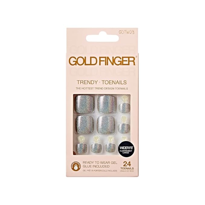 GoldFinger Trendy Press On Fake Toenail Kit Wider Fit, Shine Glazed Glitter Metallic Silver Color, Ready to Wear Gel & Manicure Stick, Mini Glue included, Long-Lasting Convenient & Easy to Apply