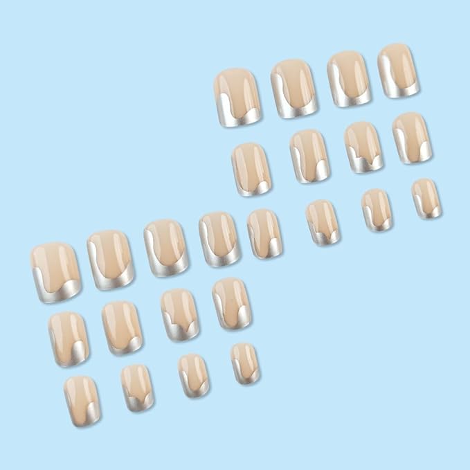 Square Press on Nails Short - Silver French Tip Fake Nails - Glue on Full Cover Stick on Glossy Acrylic Artificial Nails for Women Manicure - 24Pcs