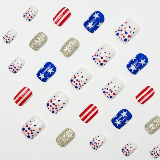 Press on Nails Independence Day Short Square Fake Nails with Polka Dot Designs Cute Patriotic Acrylic False Nails Sliver Glitter Stick on Nails Stripe Glue on Nails for Women 4th of July