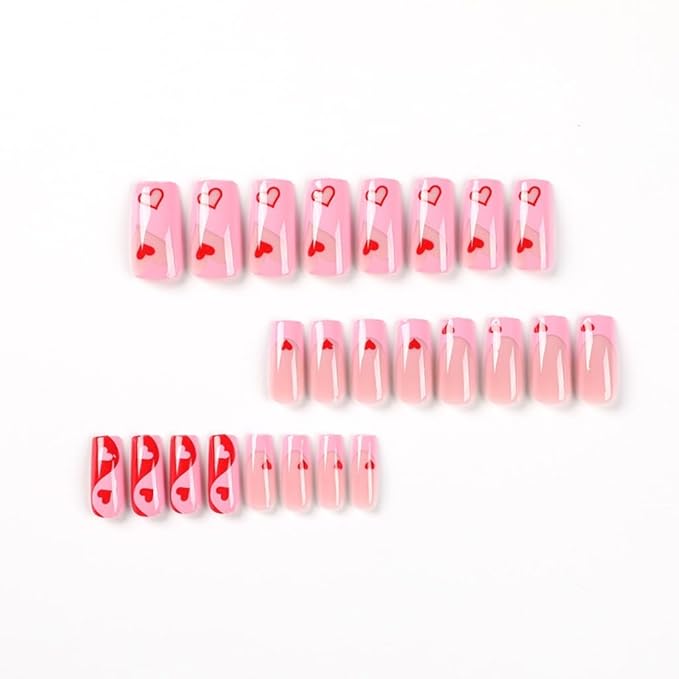 Coffin Press-on False Nails Medium Heart Pink French Tip Glossy Acrylic Nails 24 Pcs