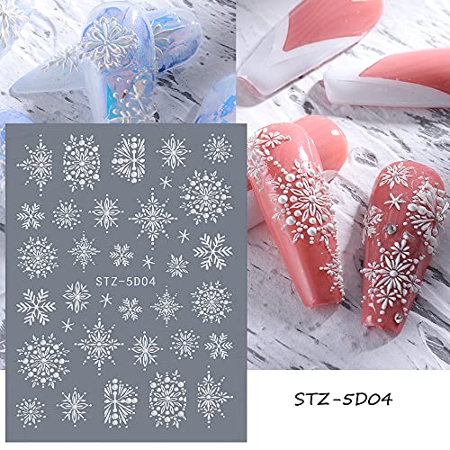 CHARMARK Snowflake Nail Art Stickers, 5D Embossed, Christmas, White, 4 Sheets (Snowflakes A)