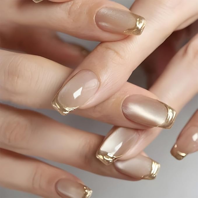 Gold French Tip Press on Nails Square Short Fake Nails Cat Eye Acrylic Nails Press ons Glossy Nature Artificial False Nails Full Cover Glue on Nails for Women Girls Manicure Deco 24Pcs