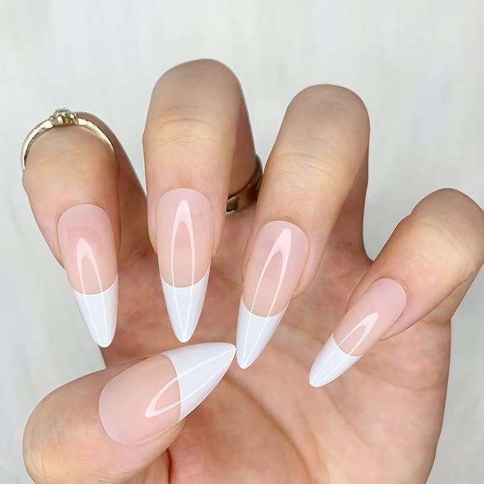 Morily 24pcs Fake Nails Pink White Glossy Medium Long Stiletto Almond Press on Nail False Tips Artificial Finger Manicure for Women (French)