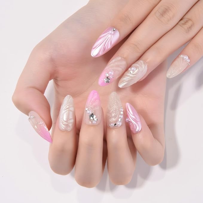 evpct Spring & Summer Press on Nails Medium Almond, Pearl White Pink Fake Nails Press ons with 3D Shell Design, Light Weight Perfectly Fit Nails for Women Gift, Fake Nail Kit with Kits Gel 24Pcs