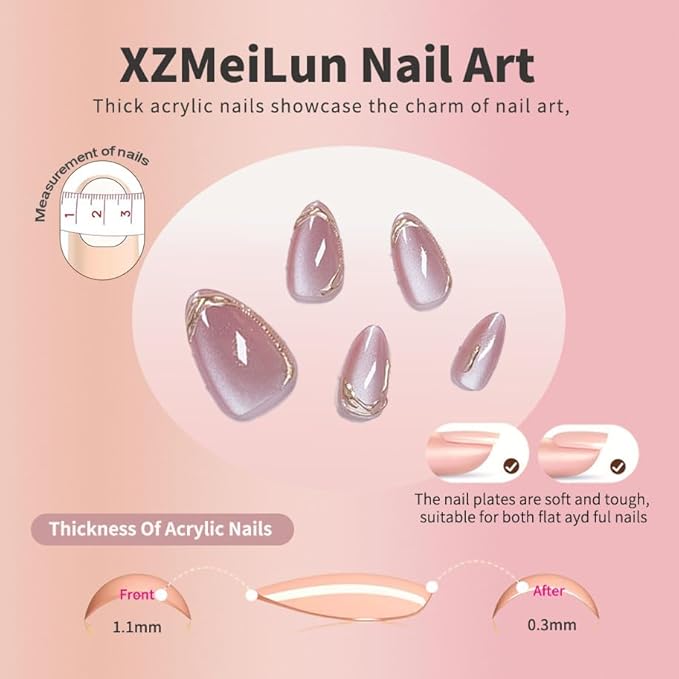 Pink Cat Eye Press on Nails Short Almond, Acrylic Fake Nails with 3D French Tip Gold Line Design, Reusable Glue-On Stick for Cute Pink Nails for Women