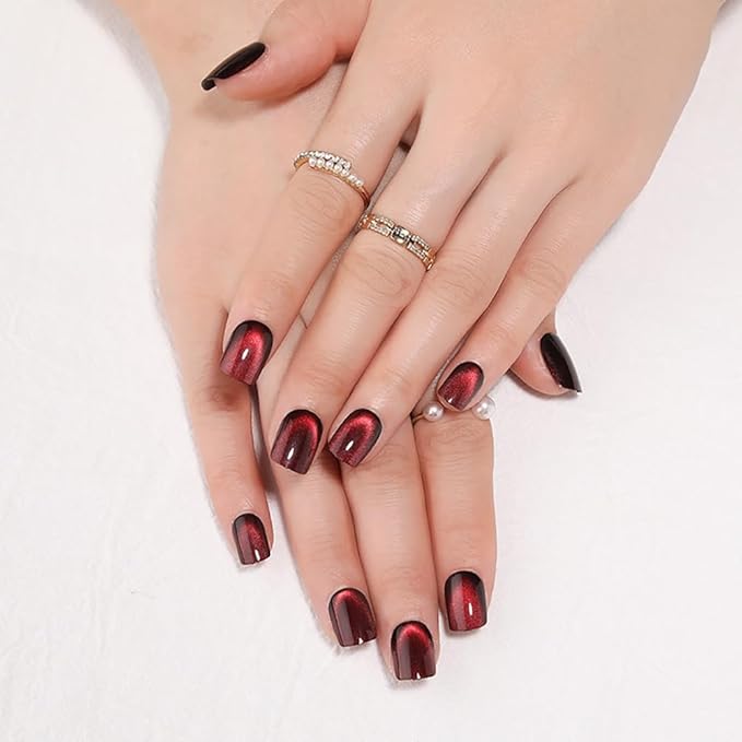 Red Press on Nails Short Square, Cat Eye Press on Nails, Fashion Gel Fake Nails, Reusable Acrylic Fake Nails, Glossy Stick on Nails for Women Girls Gift, Glue on Nails Kit, Obsidian Flame