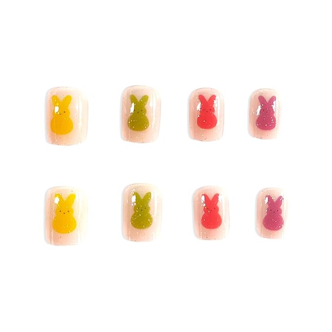24 Pcs Easter Press on Nails Colorful French Tip Short Square Fake Nail Glitter Cute Bunny False Nails Designs Cartoon Rabbit Stick on Nails Full Cover Acrylic Nail for Women Girls Manicure Art