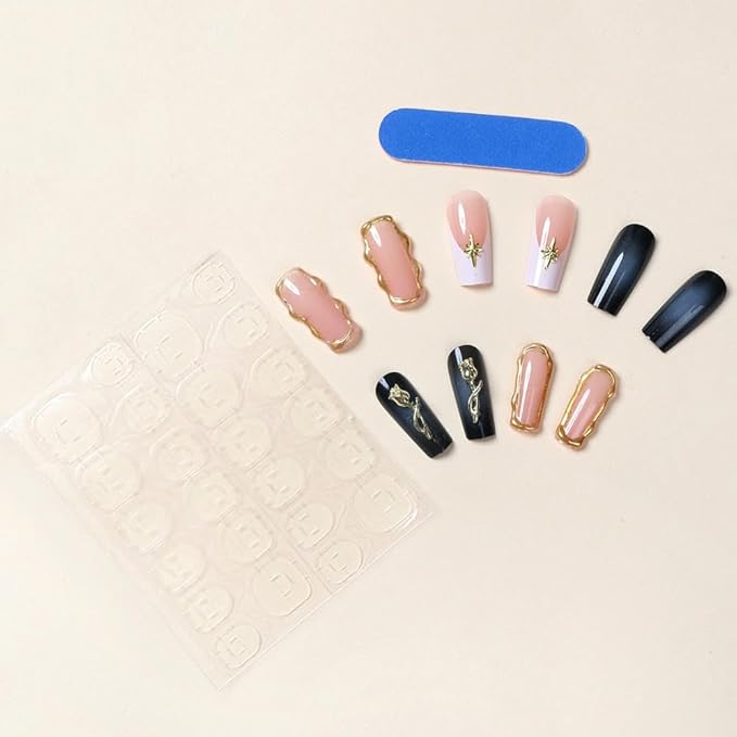 French Tips Press-On Nails Medium Square 24Pcs with Gold Flower Charm Design 3D Gold Chrome Glossy Summer False Nails
