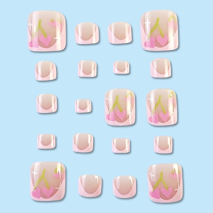 24 Pcs Valentines Day Press On Heart Pink French Tip False Toenails Full Cover Glue On Nails for Women Girl Nail Design Decoration