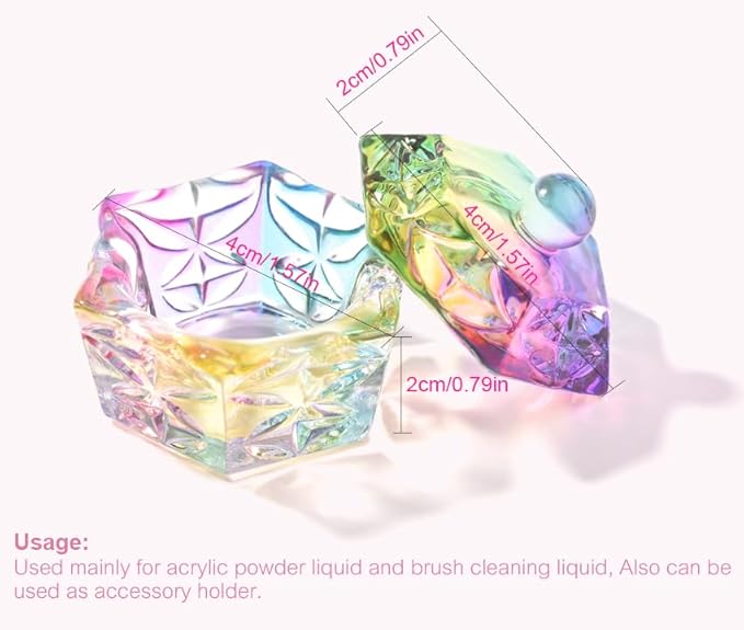Nail Dappen Dish for Acrylic Powder Liquid Glass Crystal Dappen Dish Nail Art Crystal Cup for Acrylic Powder Liquid Manicure Brush Cleaning Bowl Cup Jewlery Tray (1pc Iridescent Dish)