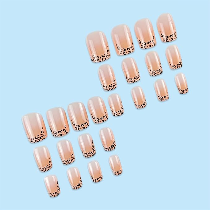 French Tip Press on Nails Leopard Fake Nails Short Square False Nails Glossy Cute Glue on Nail Reusable Acrylic Nails full Cover Stick on Nail for Women Manicure 24Pcs