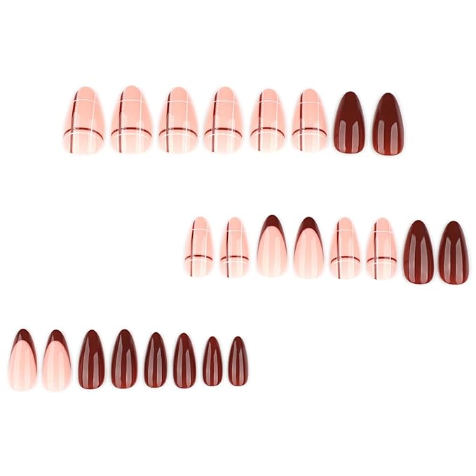 Plaid Press on Nails Medium Almond Fake Nails Dark Red Nails Press ons with Design,Reusable Artificial Nail Full Cover Stick on Nails for Women Fall Winter Manicure 24Pcs