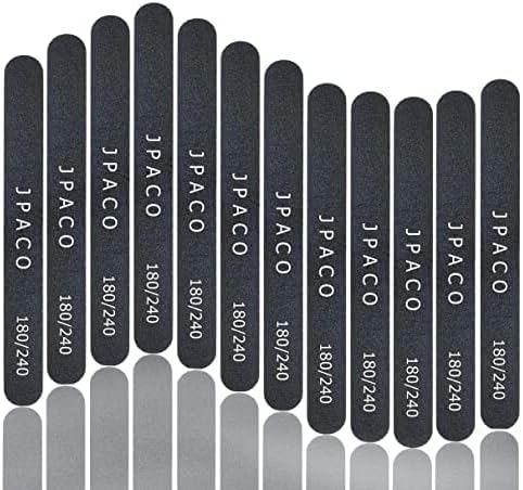 12-Pack Professional Nail Files: Double-Sided Emery Boards for Natural, Acrylic, Poly, and Gel Nails – Washable Black Manicure Tools Set by JPACO (180/240 Grit)