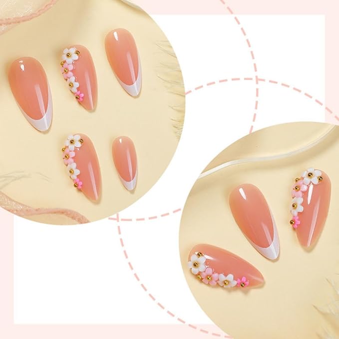 White French tips Press on Nails - Medium Almond Fake Nails - 3D Flower Glue on Nails Nude False Nail Glossy Reusable Spring Nail for Women Manicure 24pcs