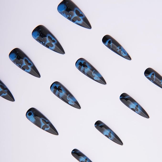 Halloween Fake Nail - Gothic Press on Nails | Long Stiletto False Nails with Blue Butterfly Designs,Full Cover Glossy Acrylic Nails,Stick on Nails for Women Girls Halloween Manicure 24Pcs