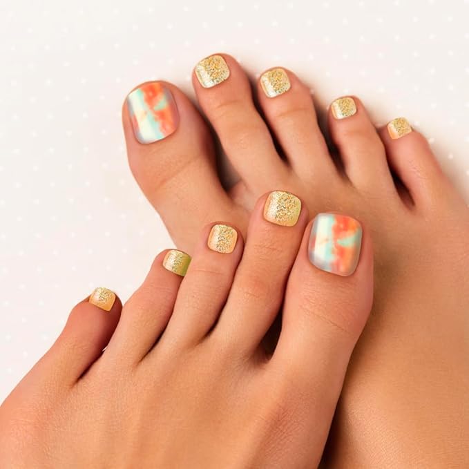 GoldFinger Trendy Press On Fake Toenail Kit Wider Fit, Marble Abstract Print & Glitter Sprinkle Color, Ready to Wear Gel & Manicure Stick, Mini Glue included, Long-Lasting Convenient & Easy to Apply