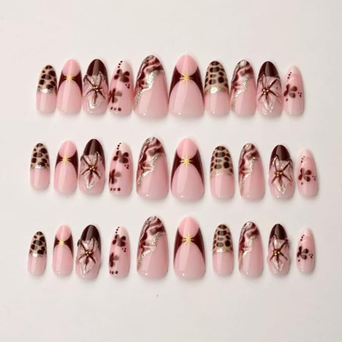 Long Almond Press on Nails Nude Pink Brown Fake Nails Leopard Print Luxury Artistic Nail Decorations Stick on Nail for Women 24pcs
