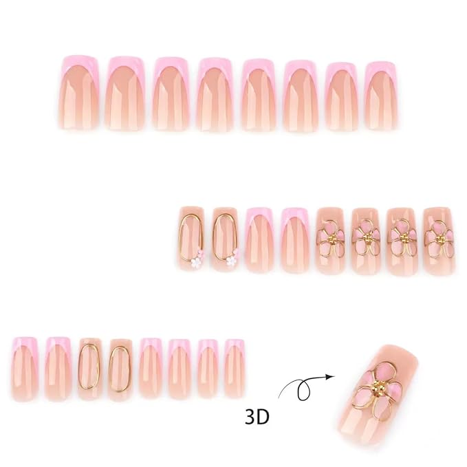 Medium Press on Nails Square - Pink French Tip Fake Nails - Flower, Gold Line Design False Nails Press ons - for Women 24 Pcs