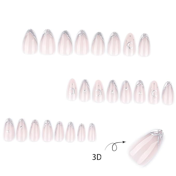Silver French Tips Press on Nails Short, Star Fake Nails Moon False Nails Press ons with Silver Design, Alomnd Shape Full Cover Nude Glue on Nails for Women Manicure 24Pcs