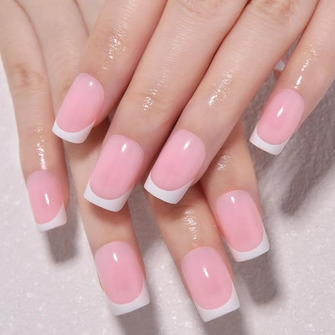 Pink White French Tips Press on Nails, Short Square Acrylic Fake Nails Design, Natural Reusable Glue-On Nails Kit for Women DIY False Nail Art Decoration Gift, Salon Quality Reusable 32 Psc