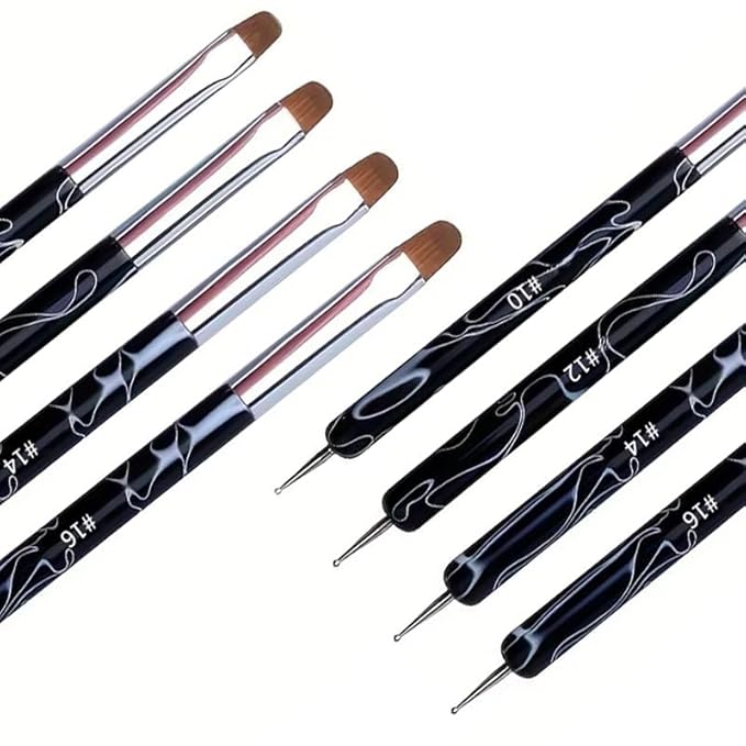 4Pcs French Tip Brush, Double-Ended French Brushes for Nails with Dotting Tool, Clean Up Brush for Gel Nail Polish, Size 10/12/14/16, Acrylic Nail Art Brushes, Manicure Tools for Nail Design-Black