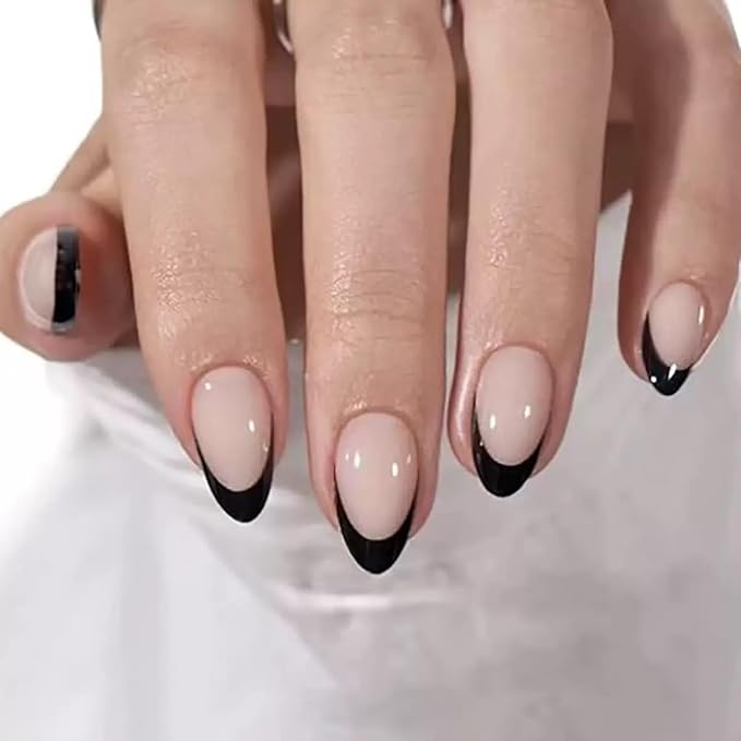 6 Packs (144 Pcs) Press on Nails Medium Almond Fake Nails Solid Color False Nails with Designs French Tip Glossy Glue on Nails Full Cover Acrylic Artificial Stick on Nail for Women Girls Manicure