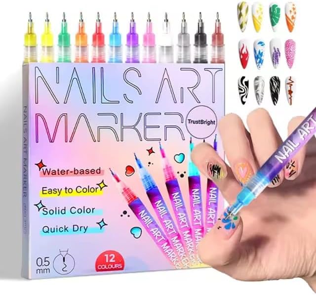 12 Colors Nail Art Pens Set, Fine Tip Nail Art Markers & Nail Polish Pens for DIY Nail Art, Manicure Design, Home & Salon Nail Kit Accessories