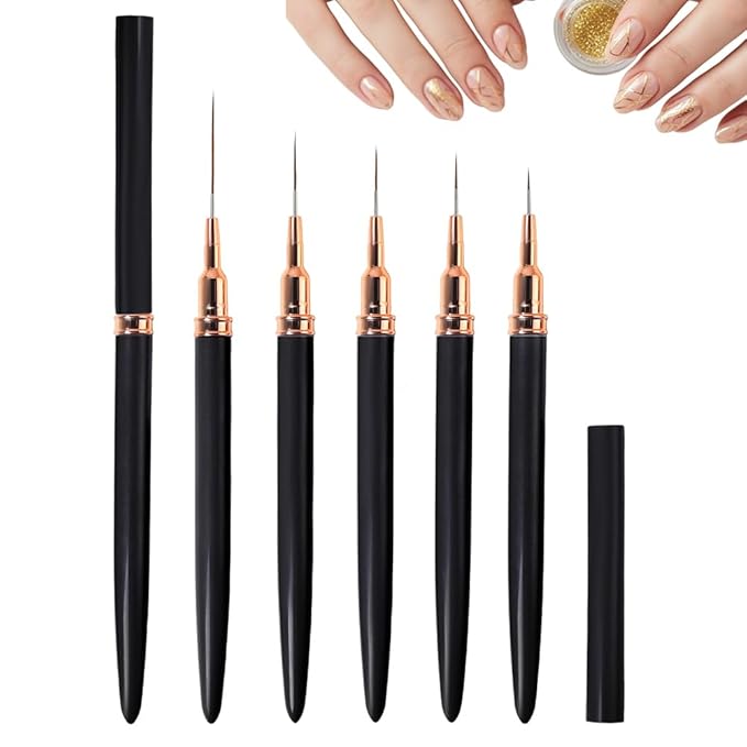 Metallic Nail Art Pens, 2026 New Liner Brushes Set, 5PCS Black Color Nail Tools For Long Lines, Fine Drawing, Liner Brush UV Gel Polish Painting Nail Design Sizes 6/9/11/16/24mm (Black)