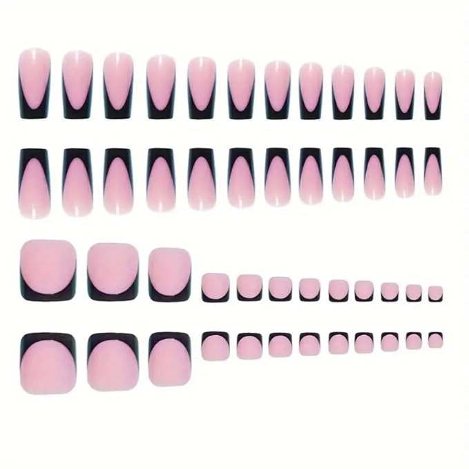 60Pcs Black French Tip Press on Nails & Press on Toenails Set, Square Press on Nails Medium Fake Nails Black French Press on Toenails Full Cover Stick on Press ons for Women