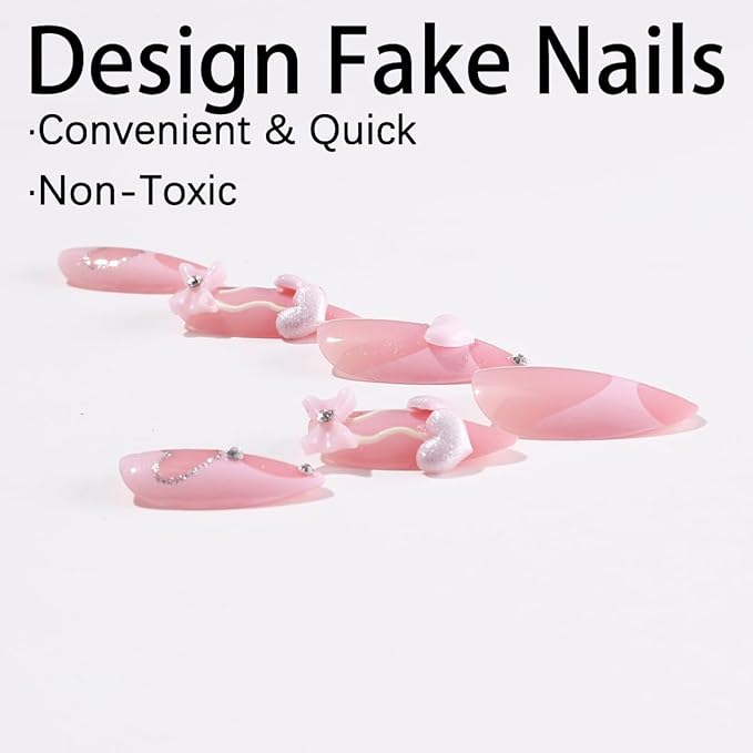 24Pcs Valentines Press on Nails Medium Almond Fake Nails with 3D Rhinestones Design Lip Heart Glue on Nails Cute Bow False Nails Glossy Full Cover Pink Acrylic Nails for Women Valentines Manicure