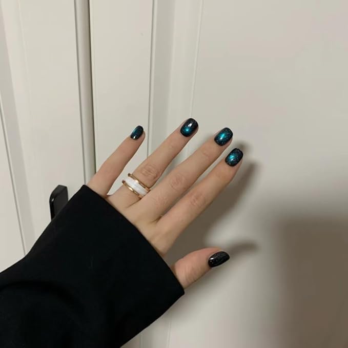 Press on Nails, Short round Fake Nails Gradient blue-green False Nails Large Green Press on Nails for Women Girls Nail Art Decoration - Lagre