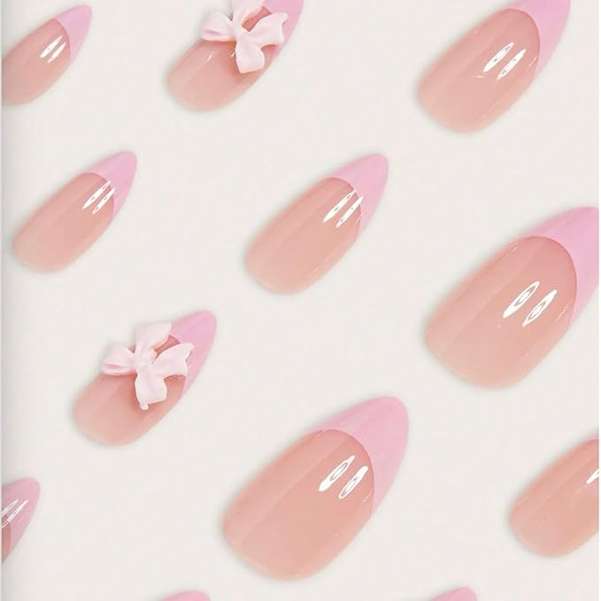 24pcs French Tip Press on Nails Short Almond Fake Nails with Charm Designs Cute Bow False Nails Full Cover Glue on Nails Pink French Tip Artificial Nails for Women Girl Nail Decoration